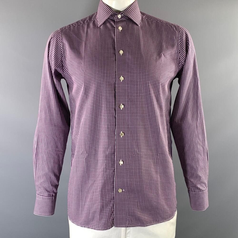 ETON Size 40 Purple White Gingham Cotton Button Up Long Sleeve Shirt